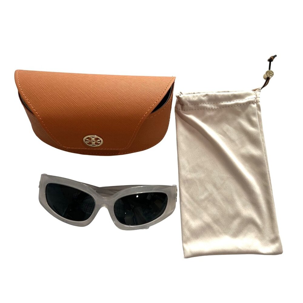 Tory Burch White Frame Sunglasses with Brown Case and Cream Pouch